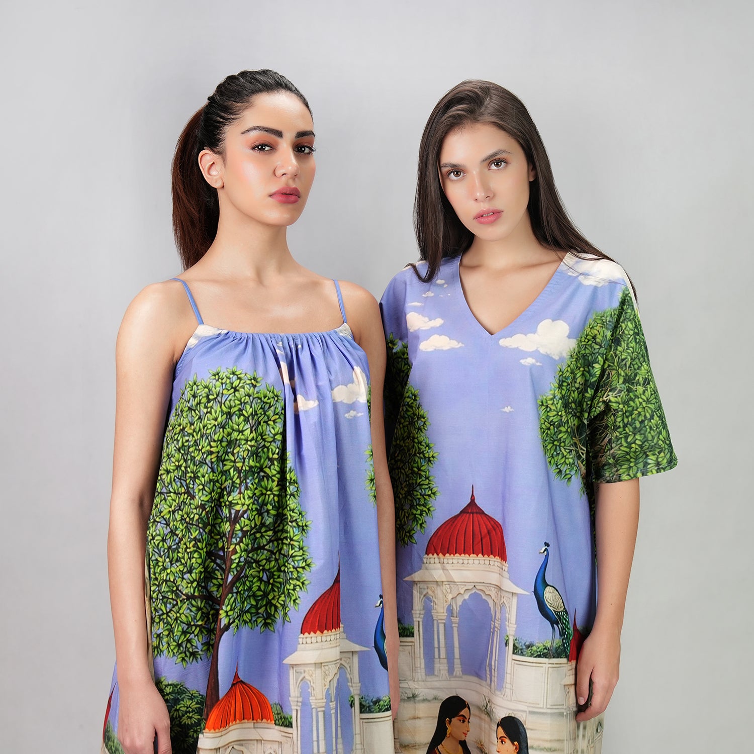 Saanjh Heritage Art Print Spaghetti Strap Maxi Dress - Multicolor