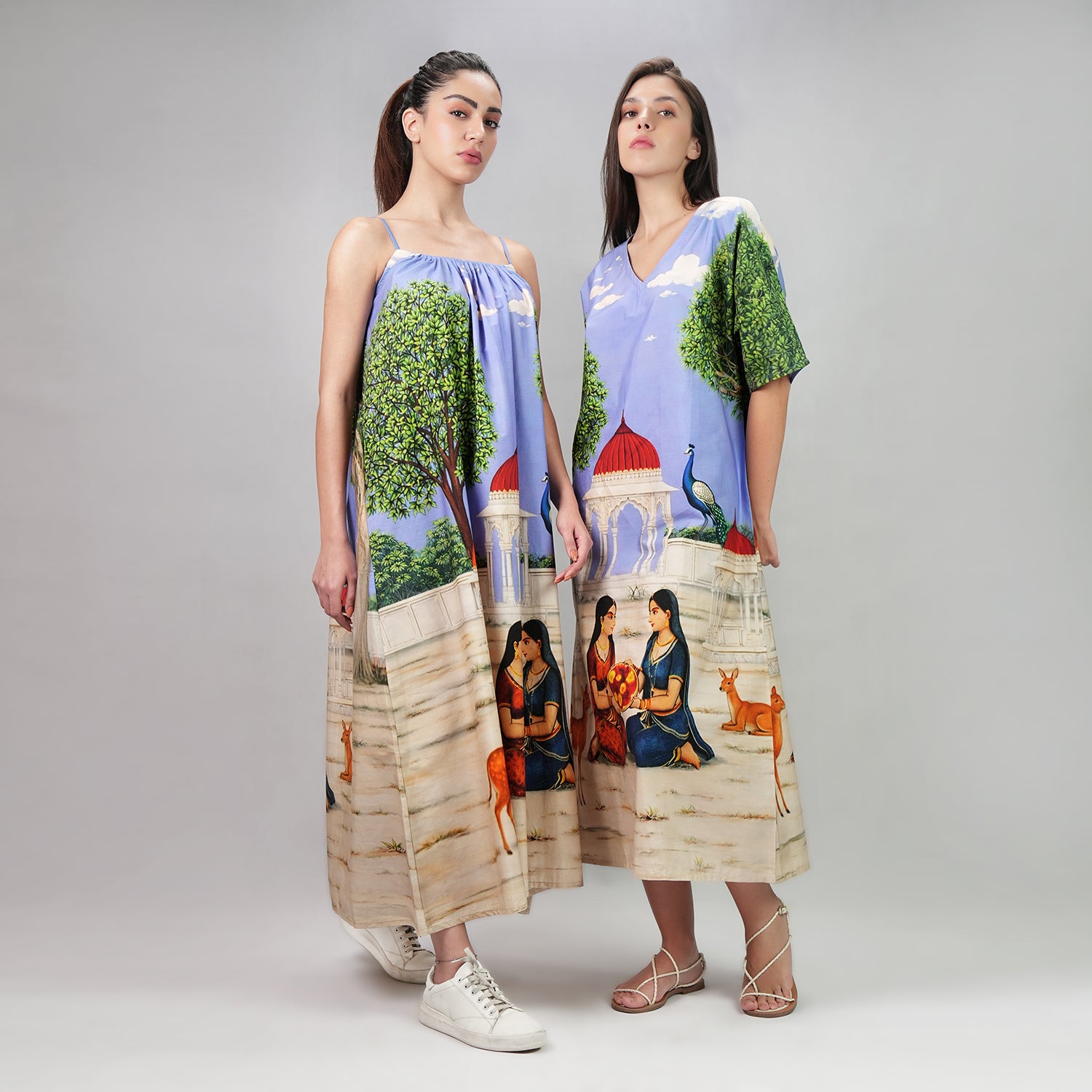 Saanjh Heritage Art Print Spaghetti Strap Maxi Dress - Multicolor