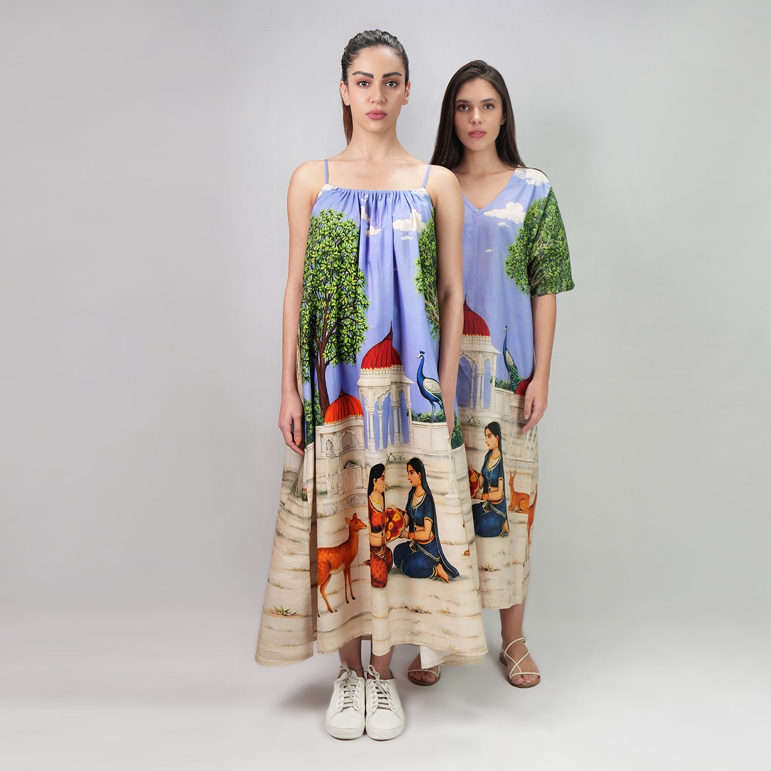 Saanjh Heritage Art Print Spaghetti Strap Maxi Dress - Multicolor