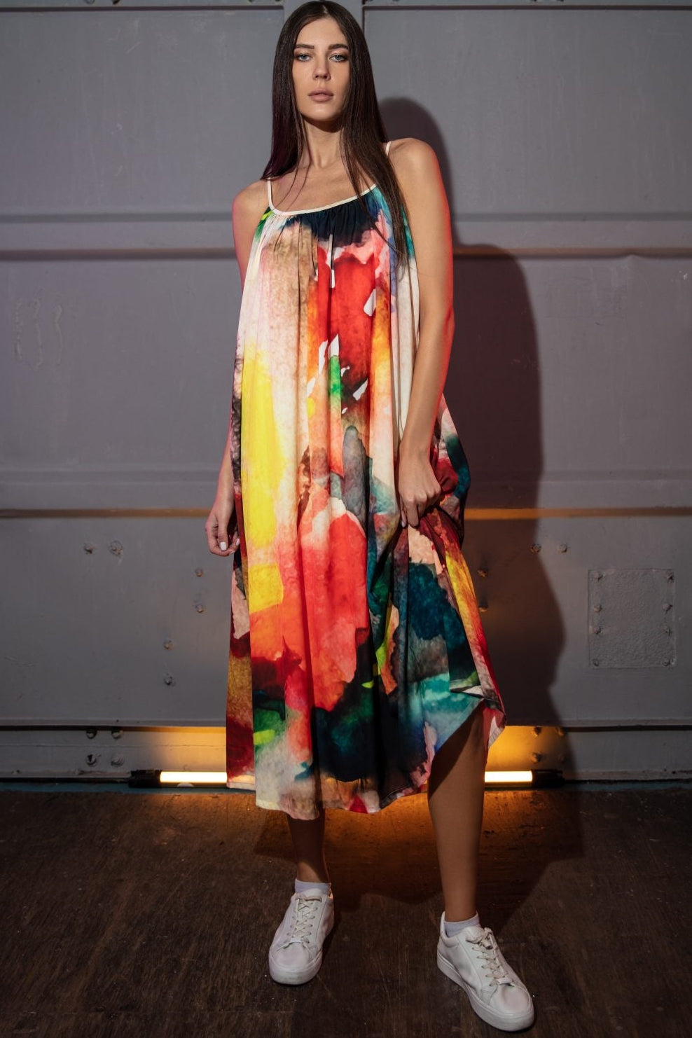 Enigma Abstract Print Spaghetti Strap Maxi Dress