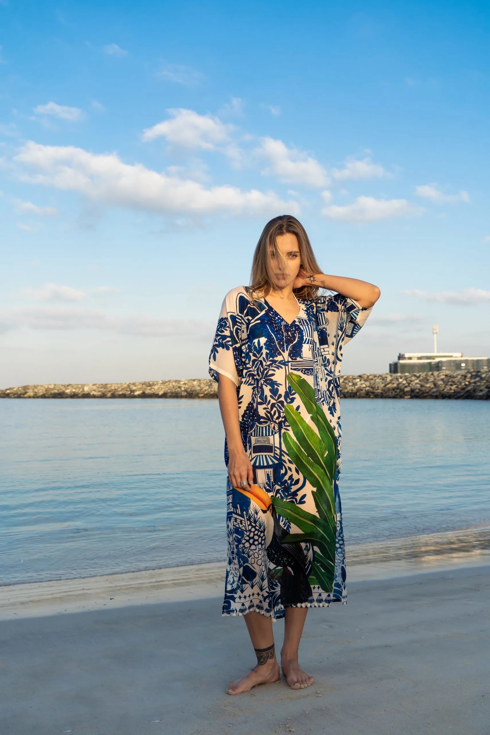 Harmony Bird Print Long Kaftan Dress