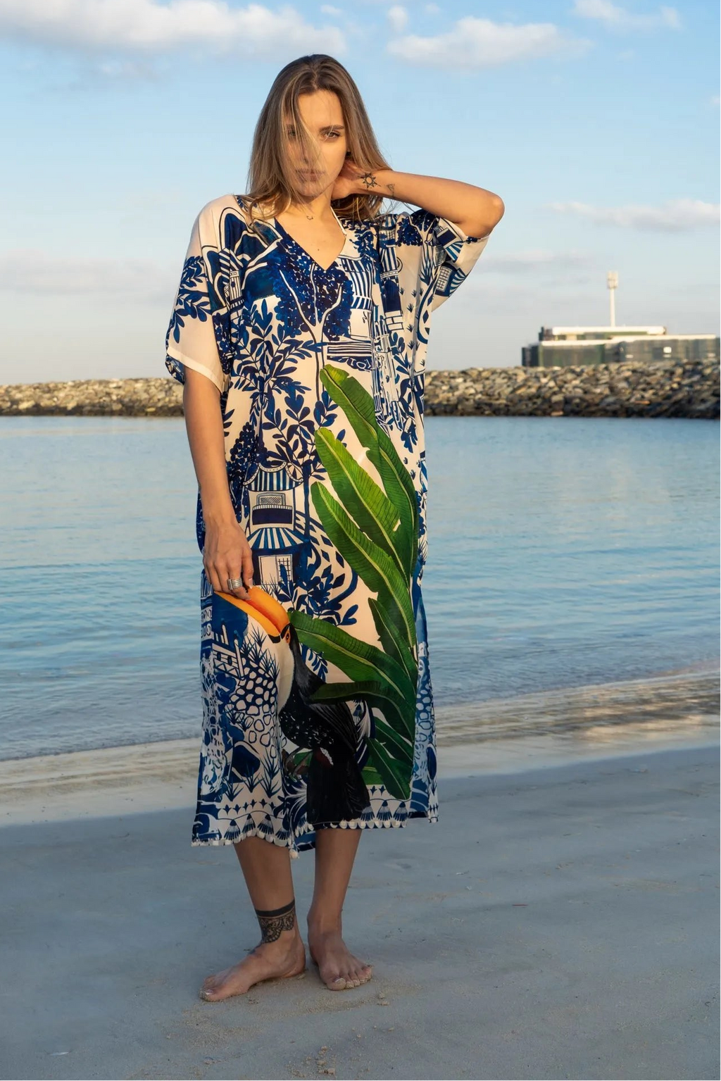 Harmony Bird Print Long Kaftan Dress