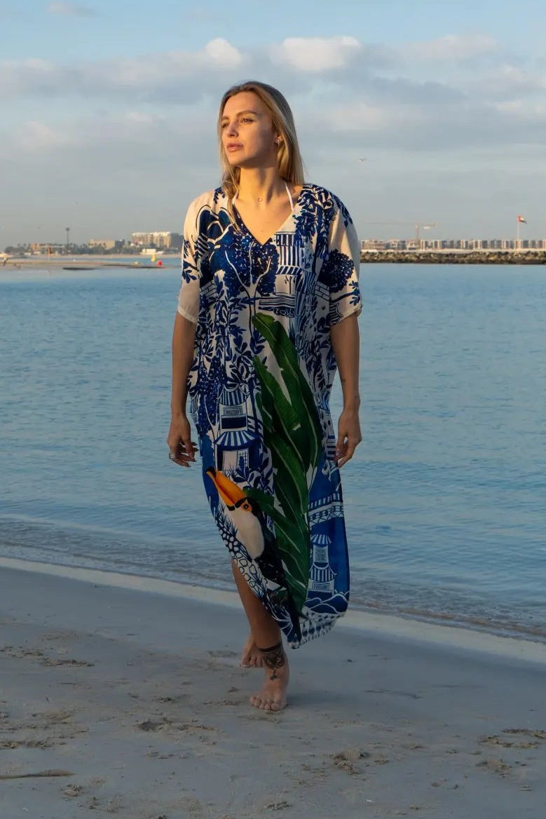 bird print maxi dress Harmony Bird Print Long Kaftan Dress With Side Slits - Blue & Multicolor  Beach Cover Up
