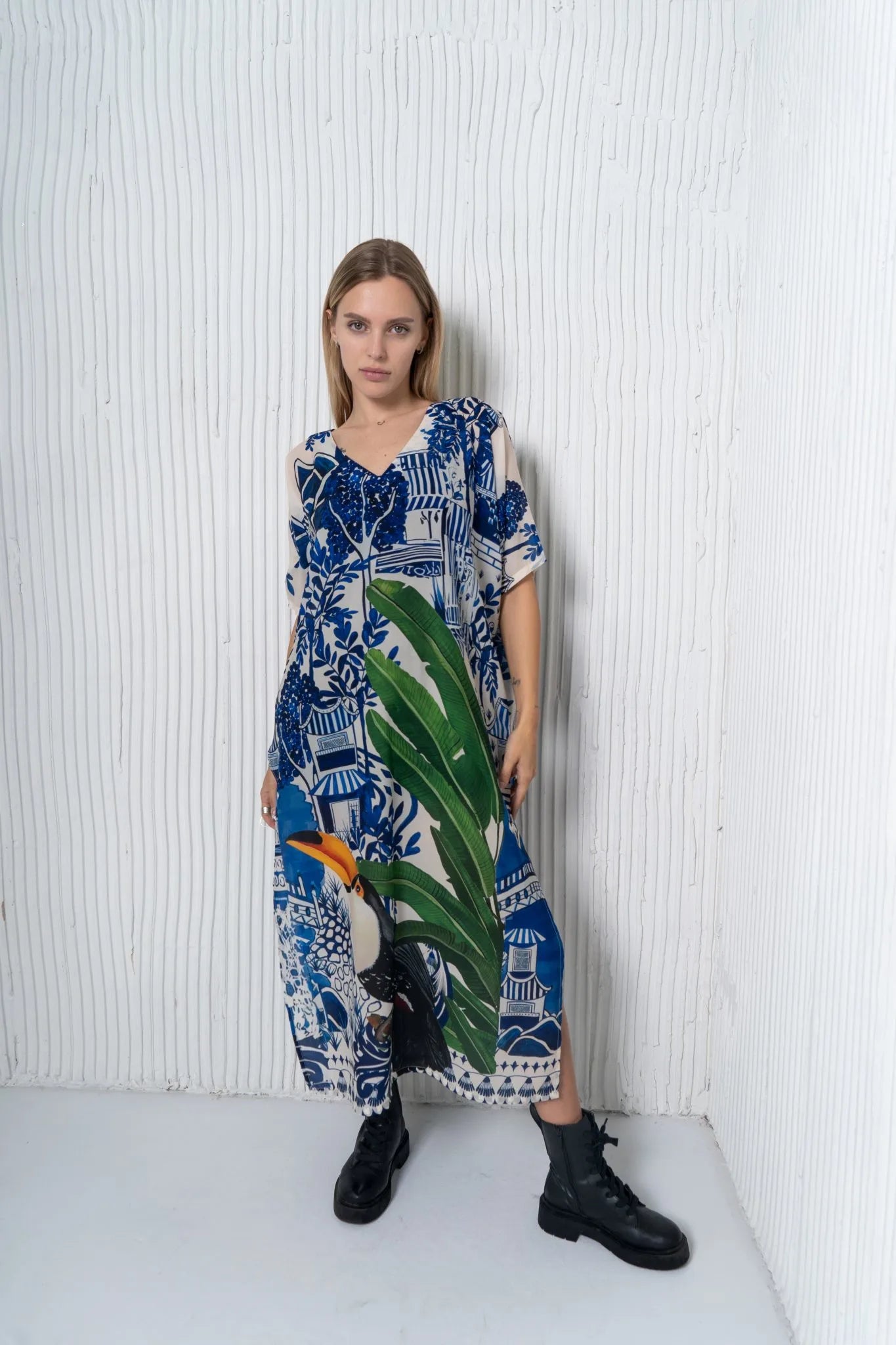 Harmony Bird Print Long Kaftan Dress