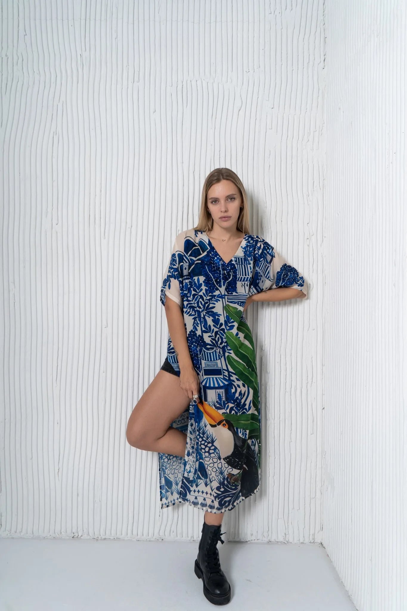 Harmony Bird Print Long Kaftan Dress