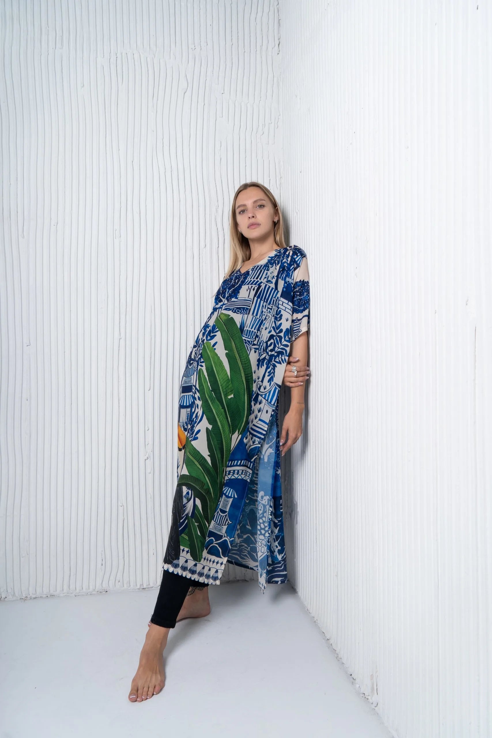 Harmony Bird Print Long Kaftan Dress