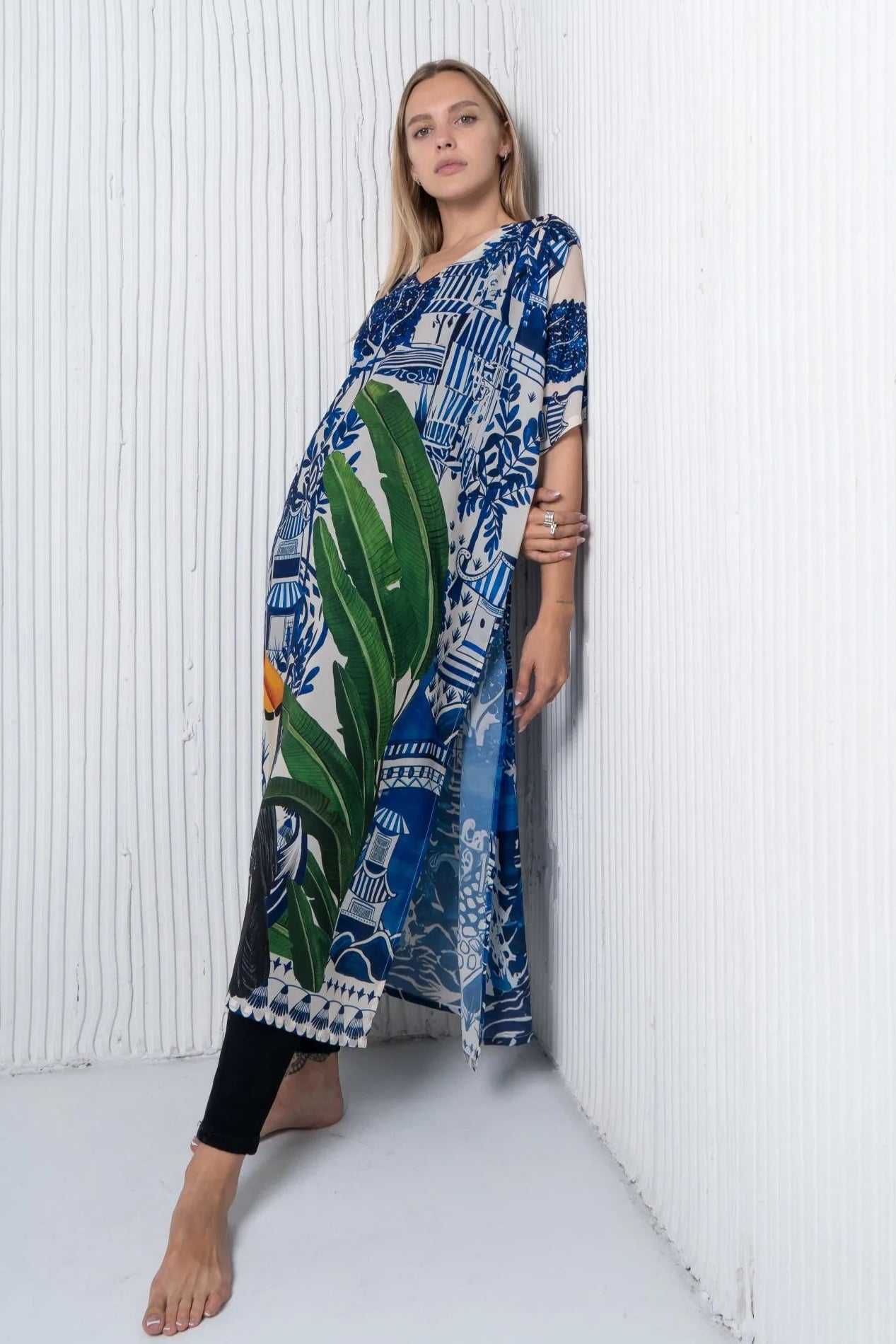 Harmony Bird Print Long Kaftan Dress