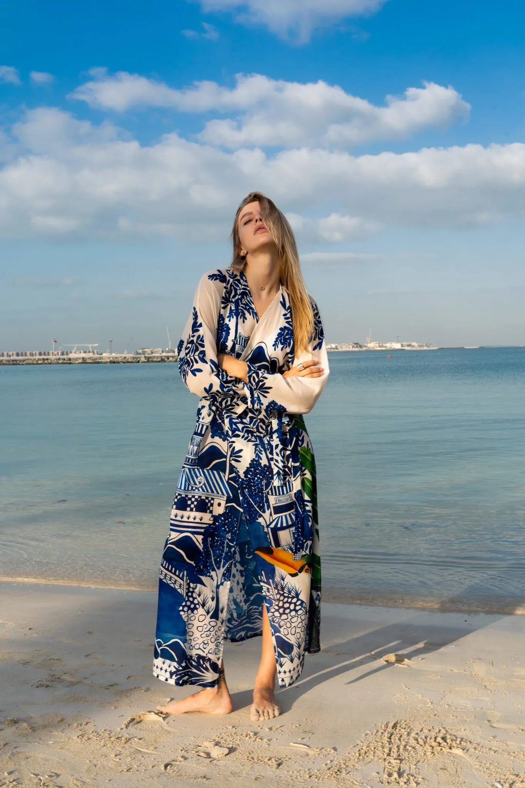 Harmony Bird Print Long Kimono Dress