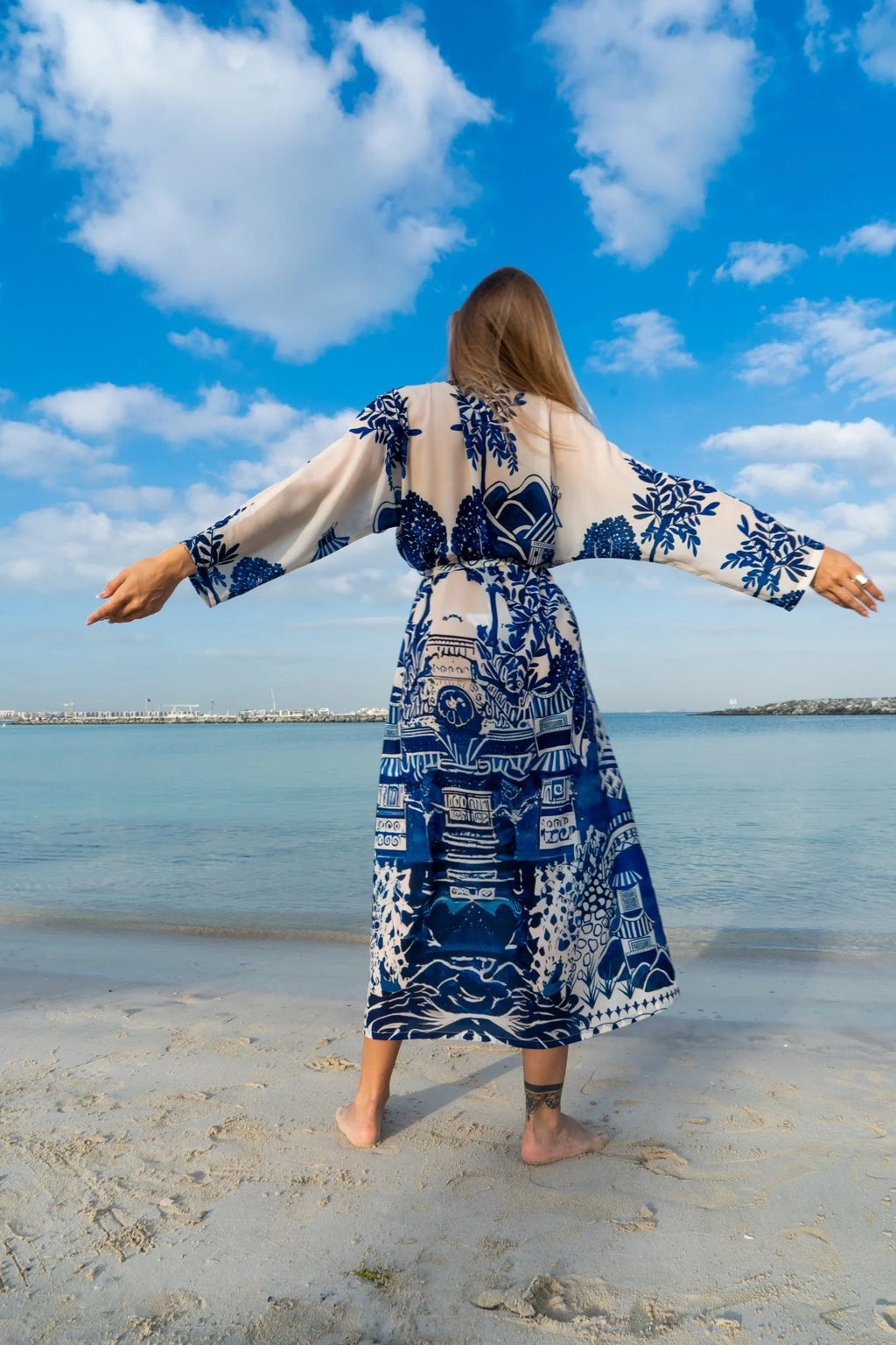 Harmony Bird Print Long Kimono Dress