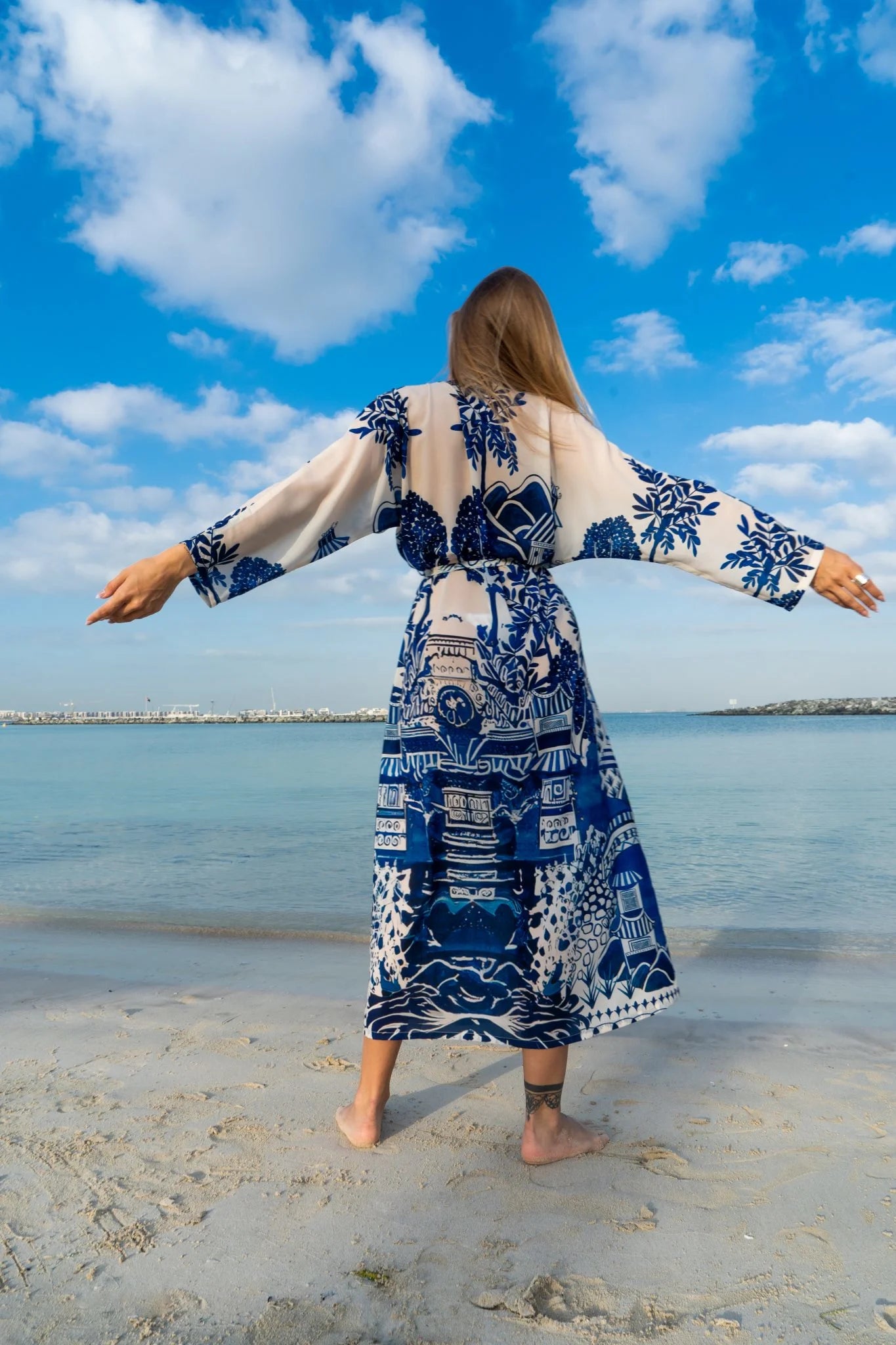 Harmony Bird Print Long Kimono Dress