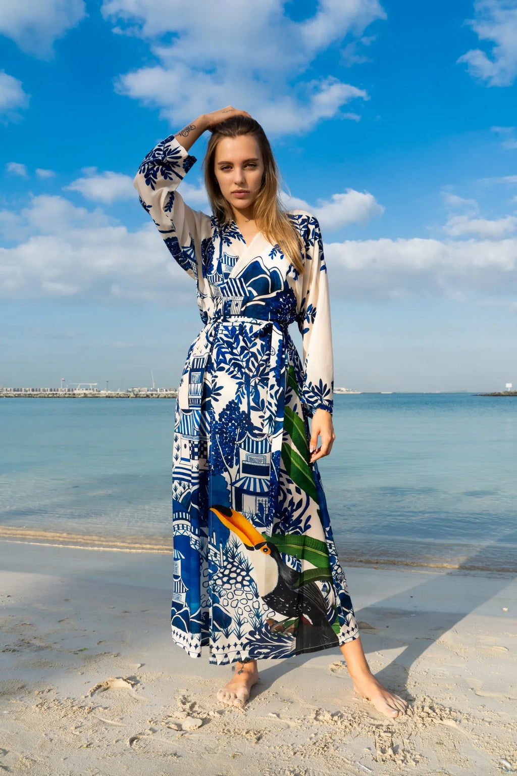 Harmony Bird Print Long Kimono Dress