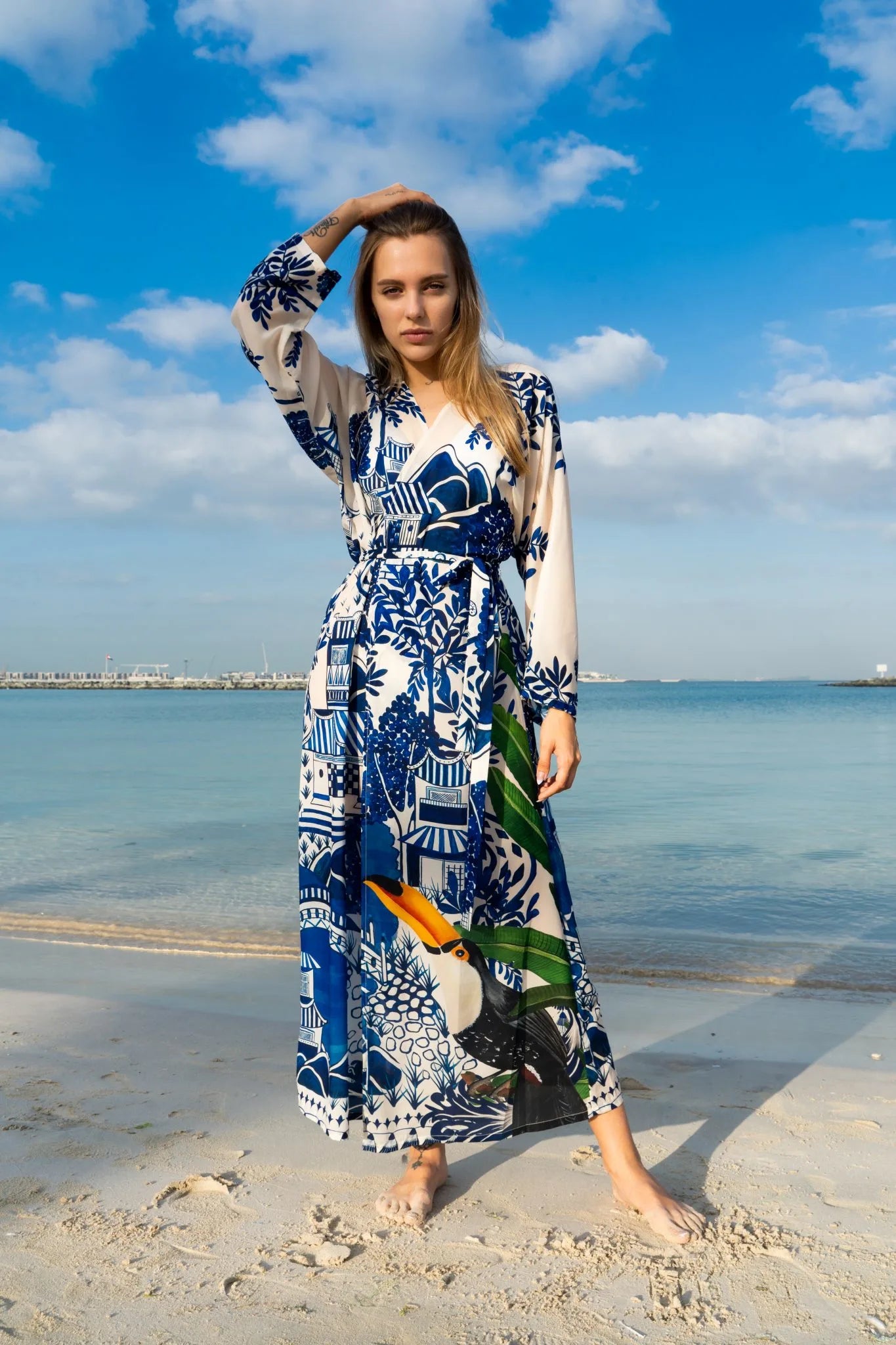 Harmony Bird Print Long Kimono Dress