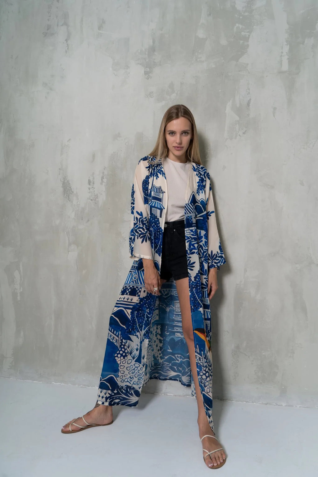 Harmony Bird Print Long Kimono Dress