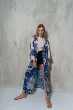 Harmony Bird Print Long Kimono Dress