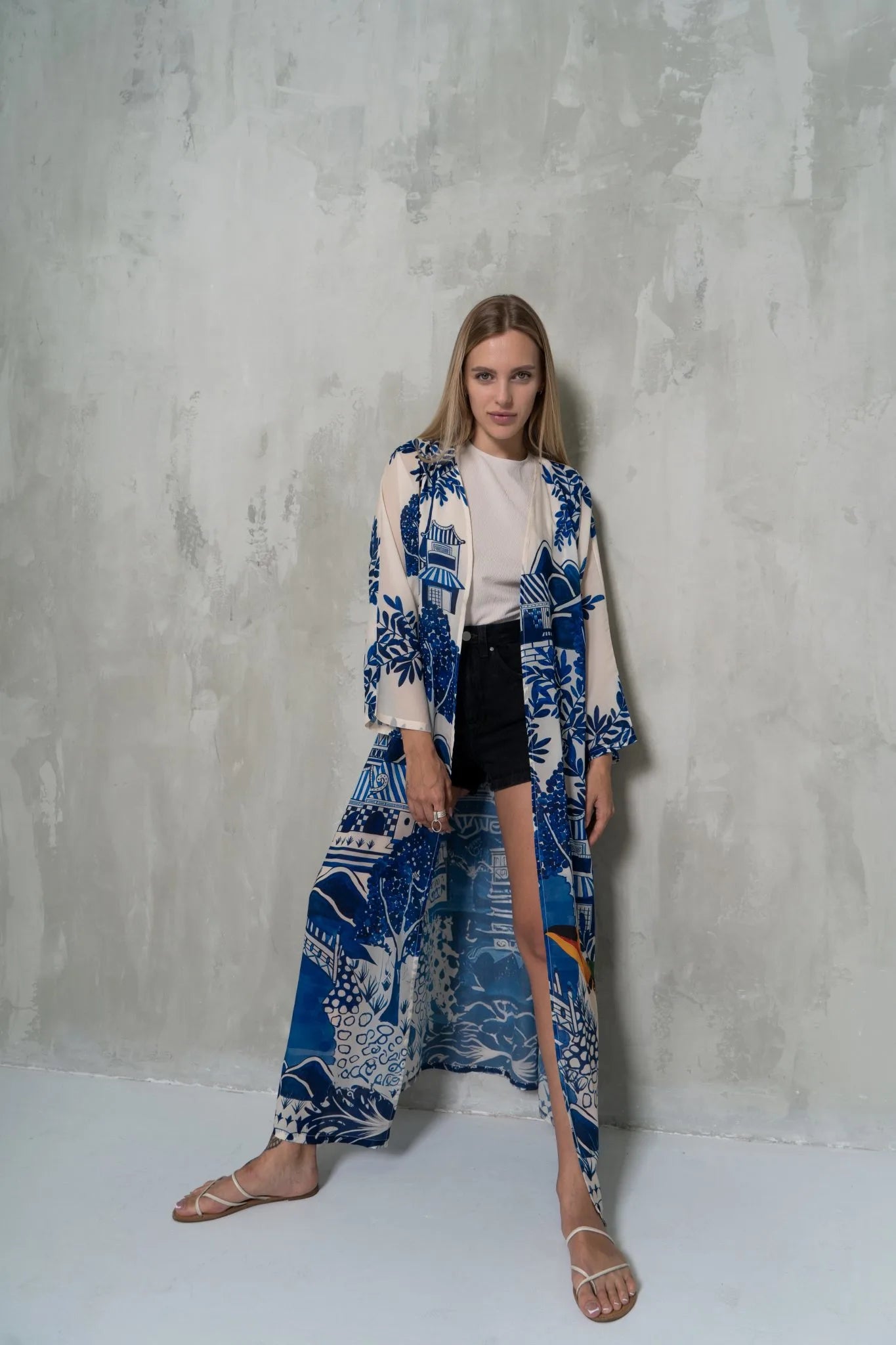 Harmony Bird Print Long Kimono Dress