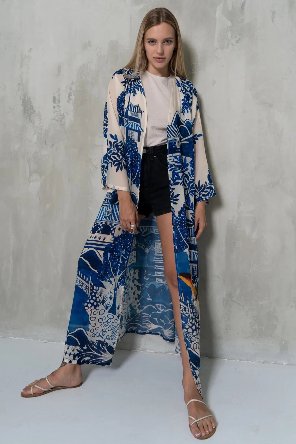 Harmony Bird Print Long Kimono Dress