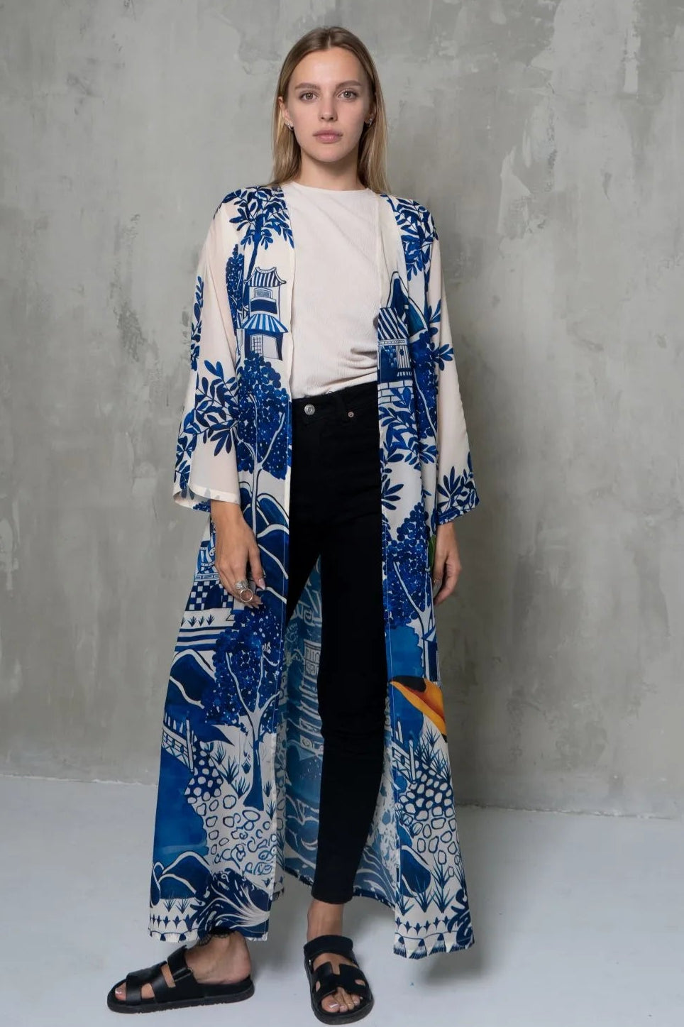 Harmony Bird Print Long Kimono Dress