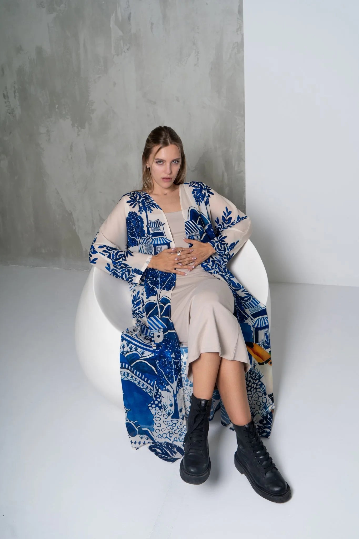 Harmony Bird Print Long Kimono Dress