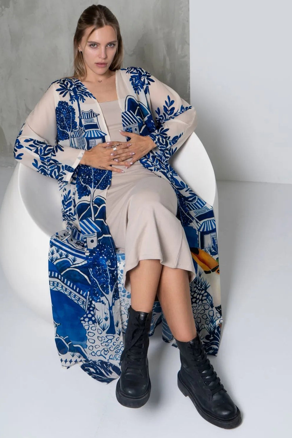 Harmony Bird Print Long Kimono Dress