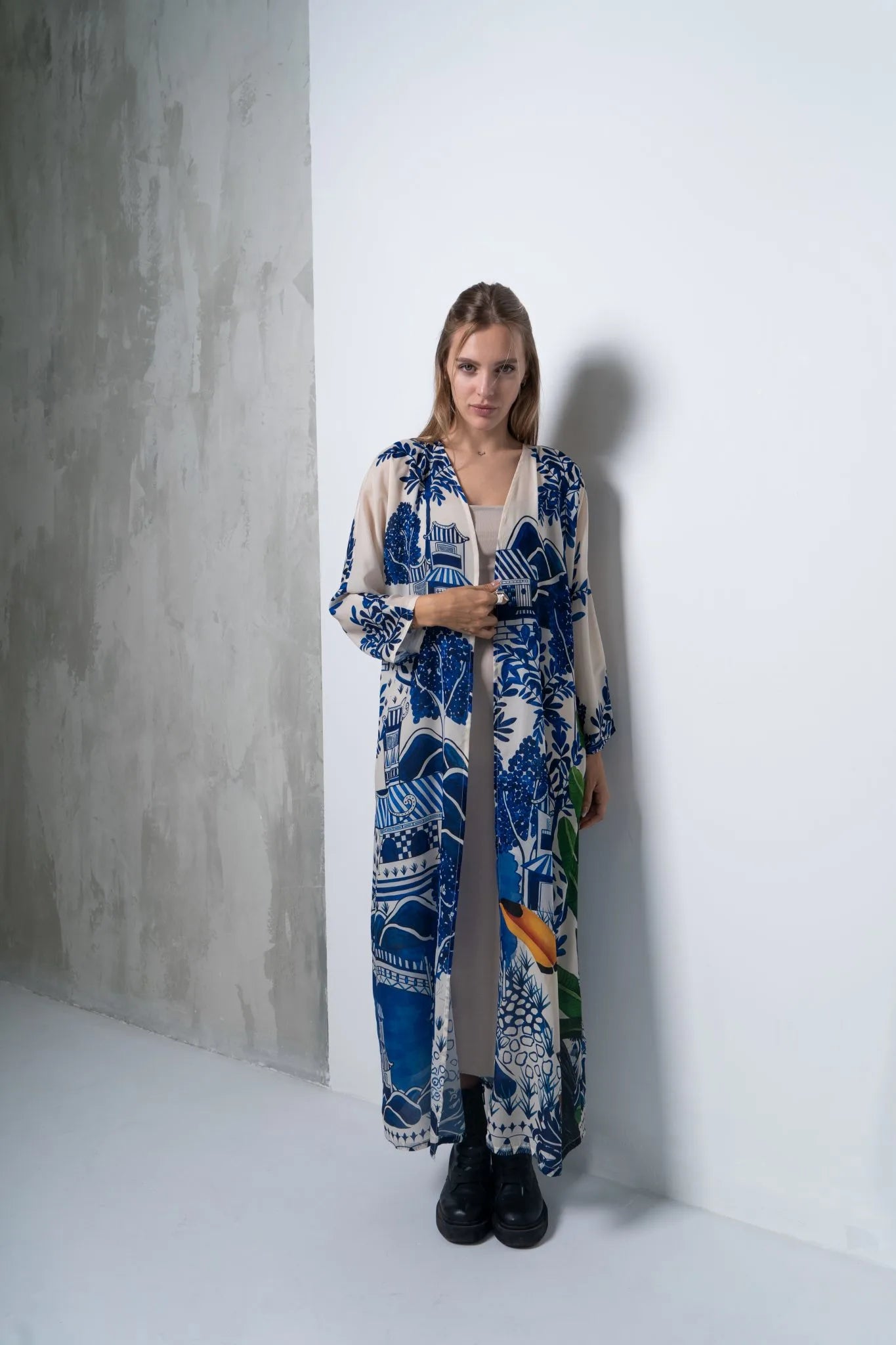 Harmony Bird Print Long Kimono Dress