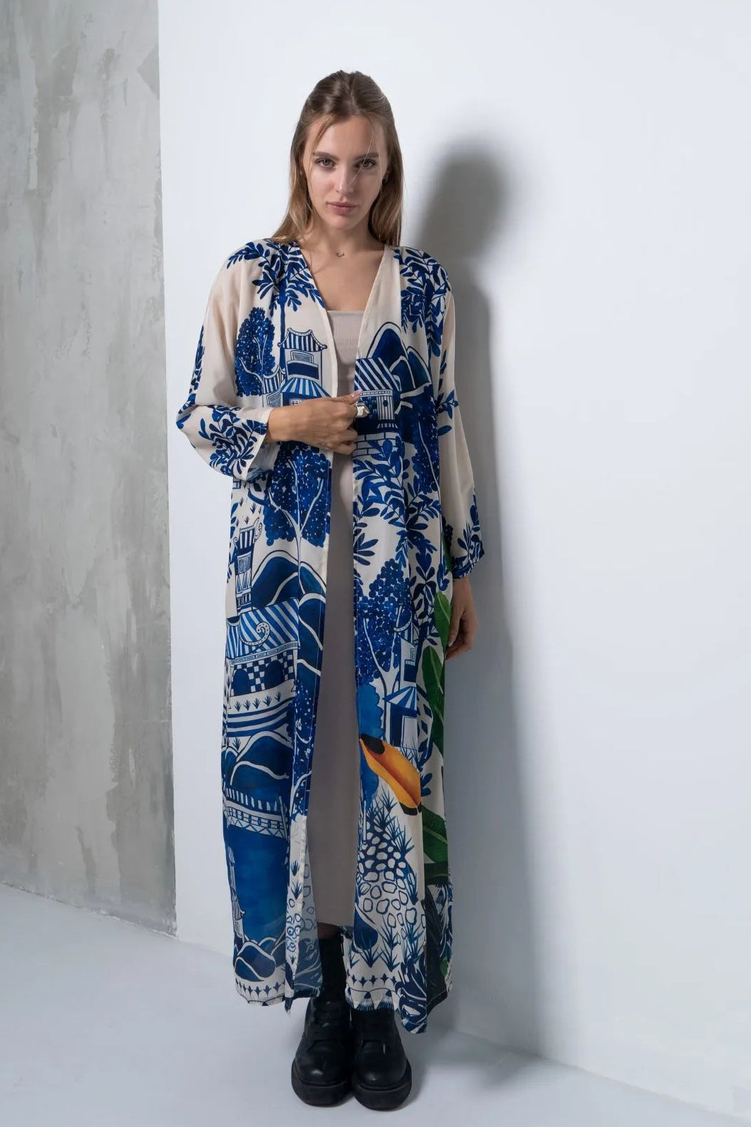 Harmony Bird Print Long Kimono Dress