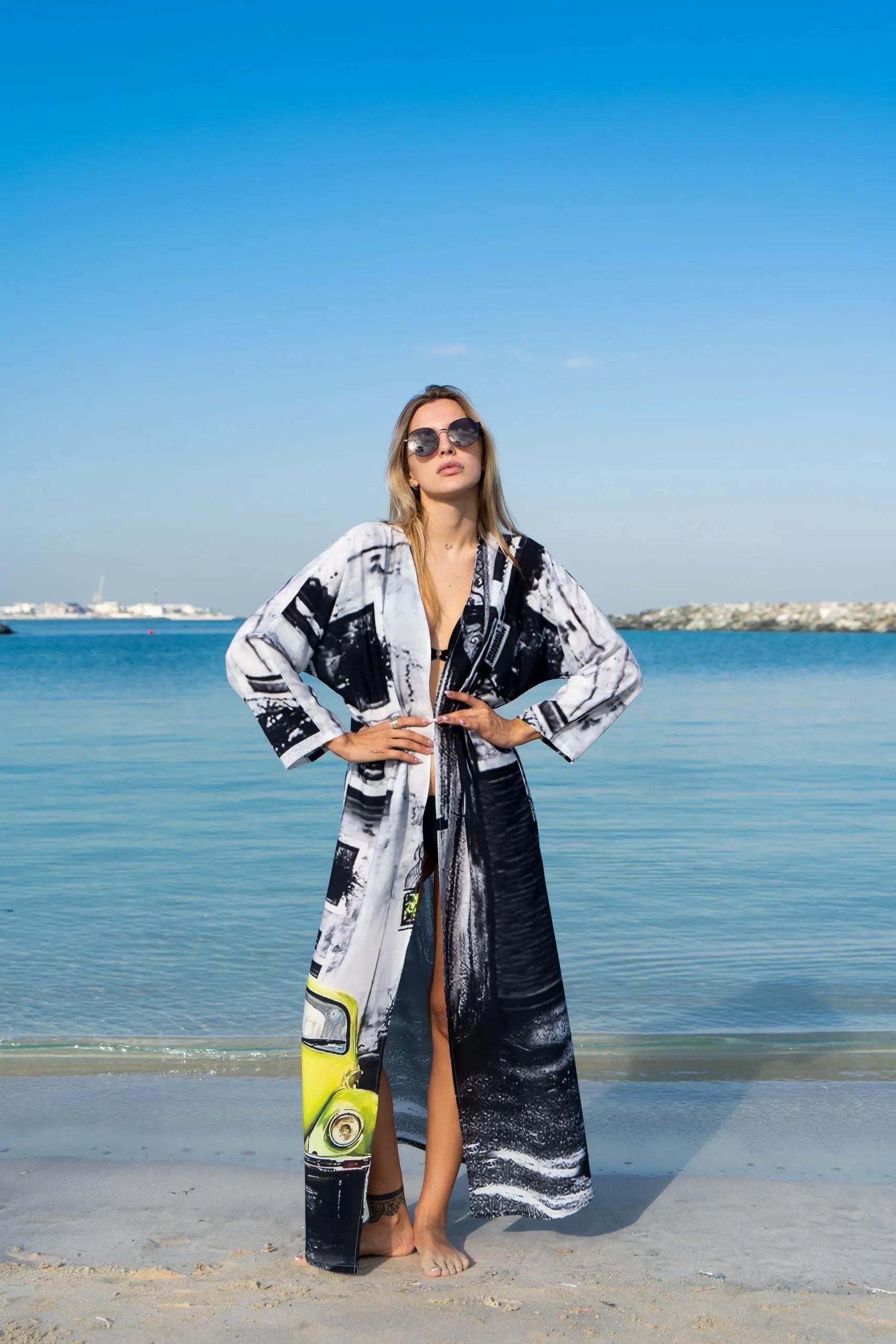 Neon Drive Car Abstract Print Long Kimono