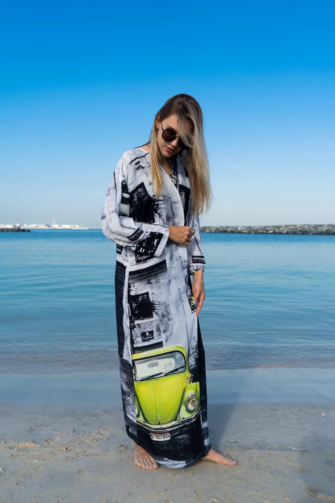 Neon Drive Car Abstract Print Long Kimono