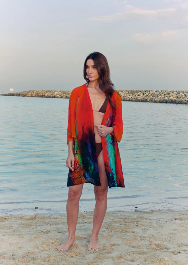 Roar Abstract Print Sheer Short kimono