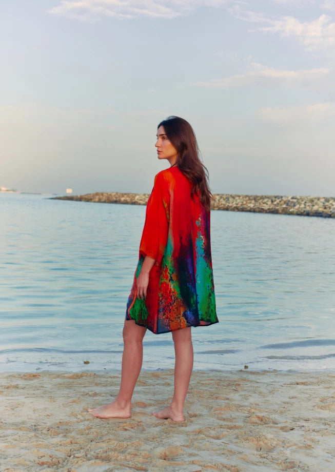 Roar Abstract Print Sheer Short kimono