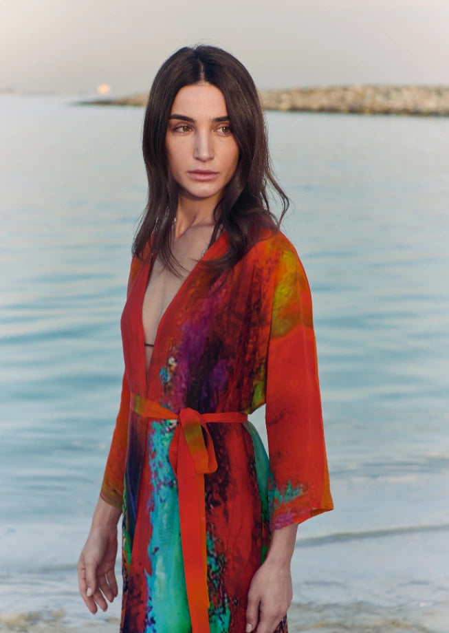 Roar Abstract Print Sheer Short kimono