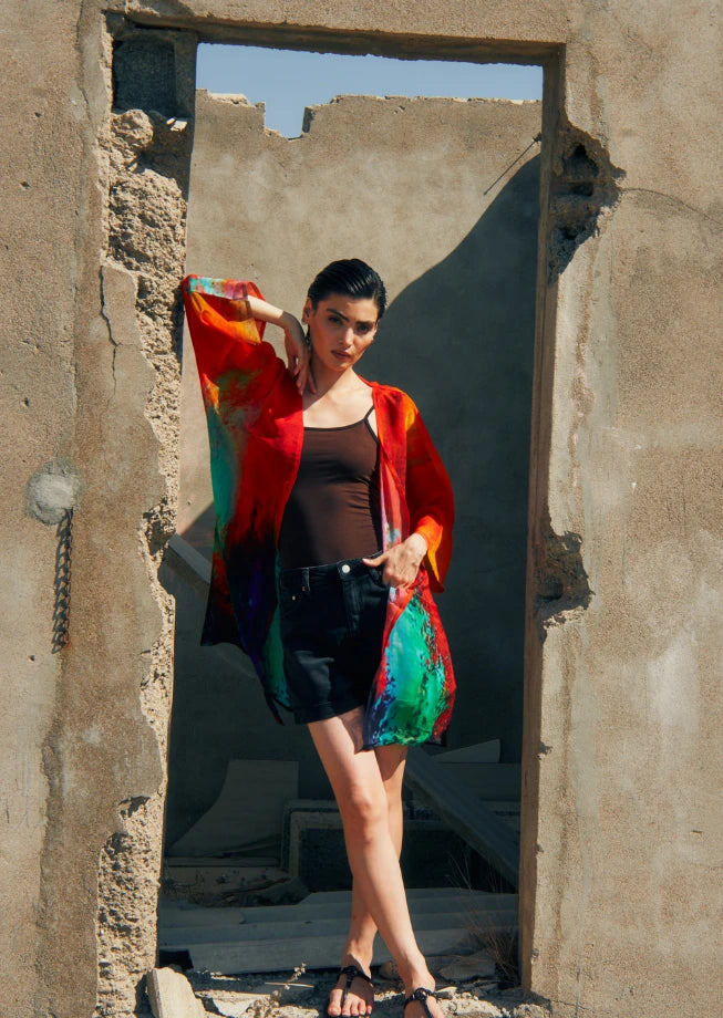 Roar Abstract Print Sheer Short kimono