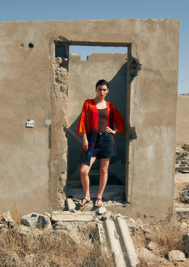 Roar Abstract Print Sheer Short kimono