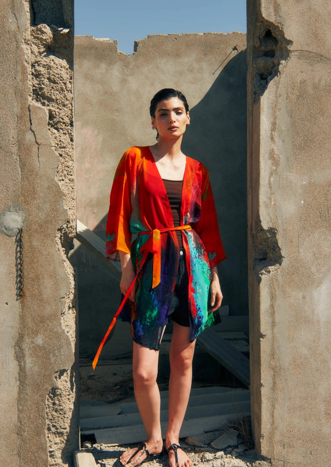 Roar Abstract Print Sheer Short kimono
