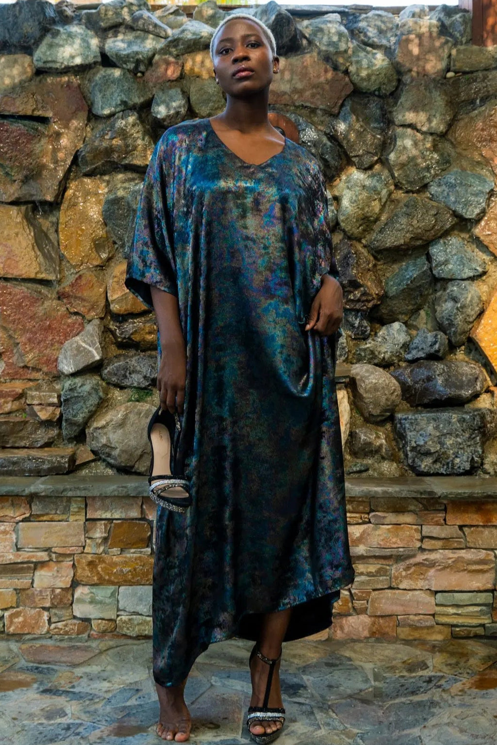 Shadow Of Sequin Shimmer Rainbow Black Long Kaftan - Party Dress