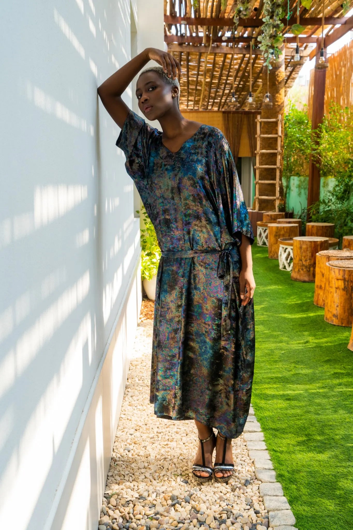 strapless open back dress Shadow Of Sequin Shimmer Long Kaftan Dress