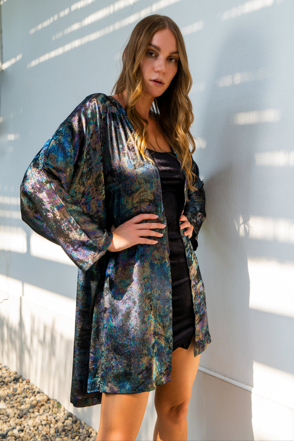 Shadow Of Sequin Shimmer Rainbow Black Short Kimono
