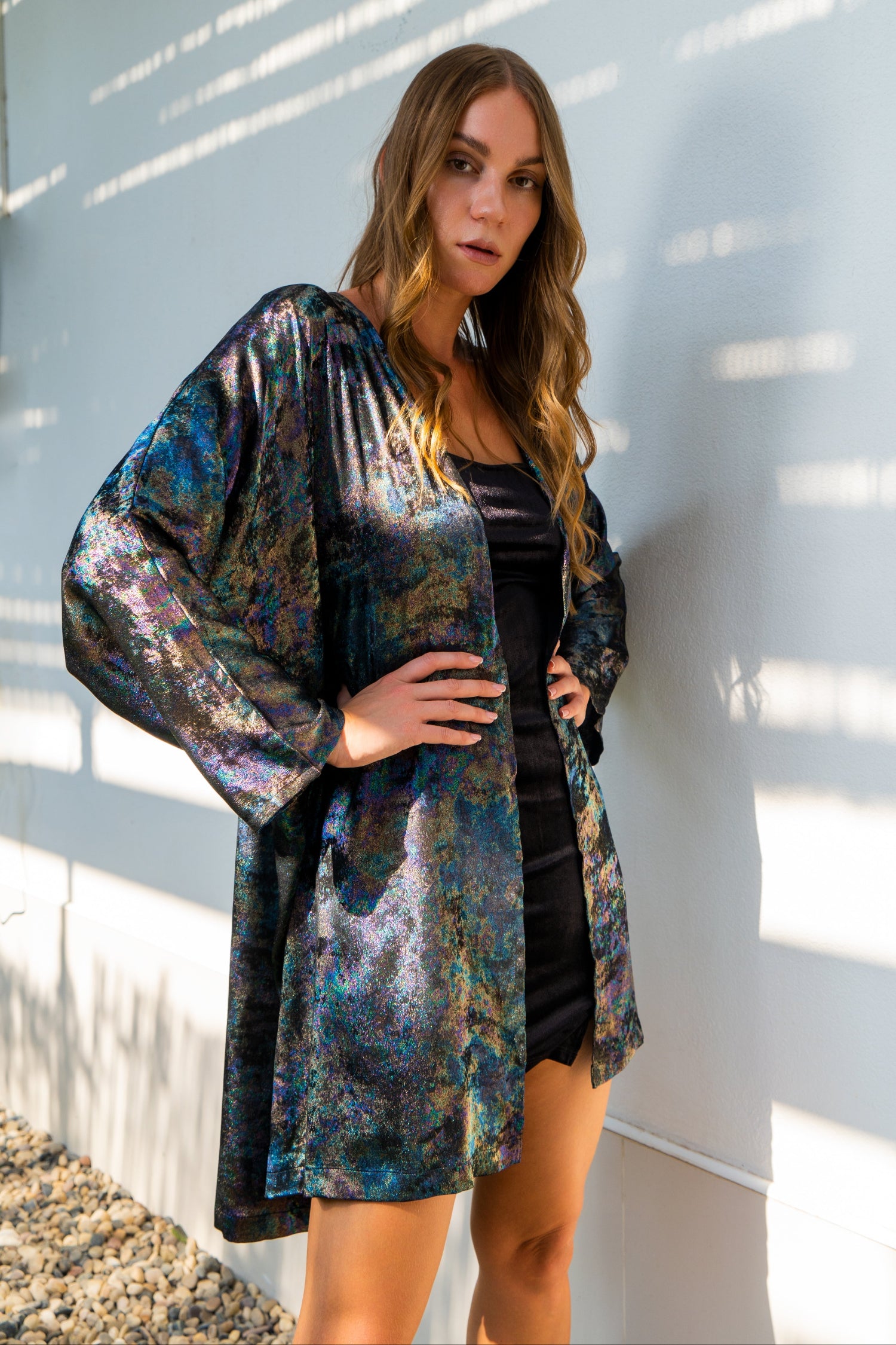 Shadow Of Sequin Shimmer Rainbow Black Short Kimono