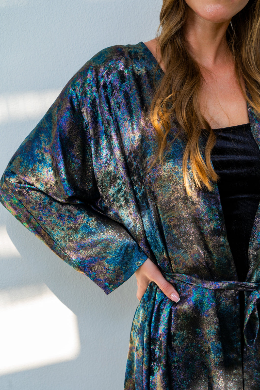 Shadow Of Sequin Shimmer Rainbow Black Short Kimono