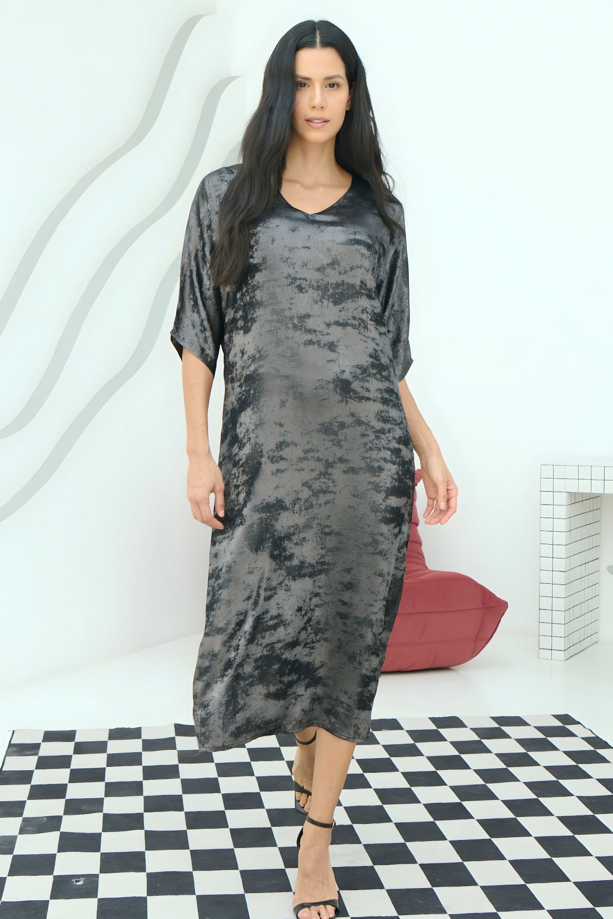 Shadow of Sequin Shimmer Black Long Kaftan with Side Slit Dress