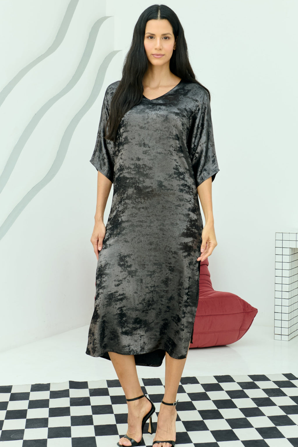 Shadow of Sequin Shimmer Black Long Kaftan with Side Slit Dress