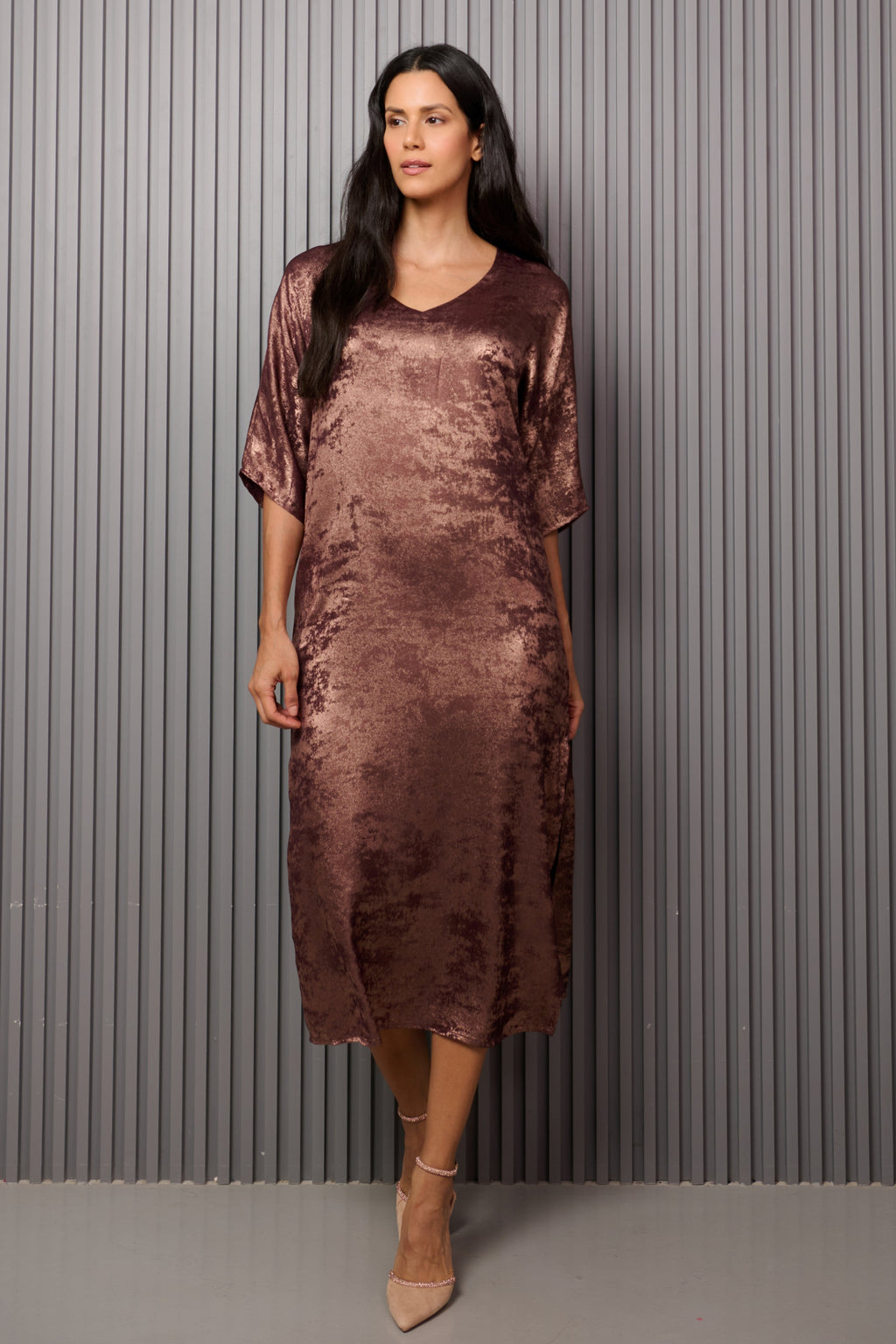 Shadow of Sequin Shimmer French Beige Long Kaftan with Side Slit