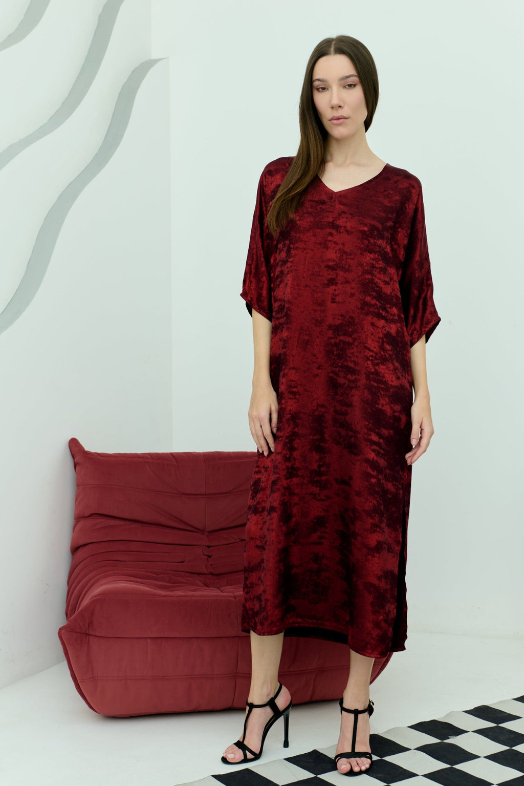 Shadow of Sequin Shimmer Red Long Kaftan with Side Slit