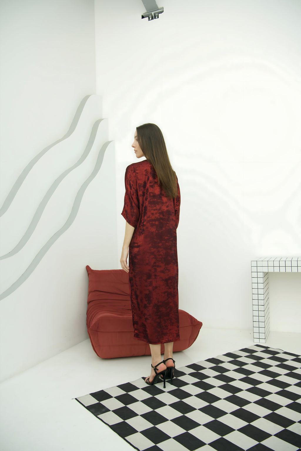 Shadow of Sequin Shimmer Red Long Kaftan with Side Slit