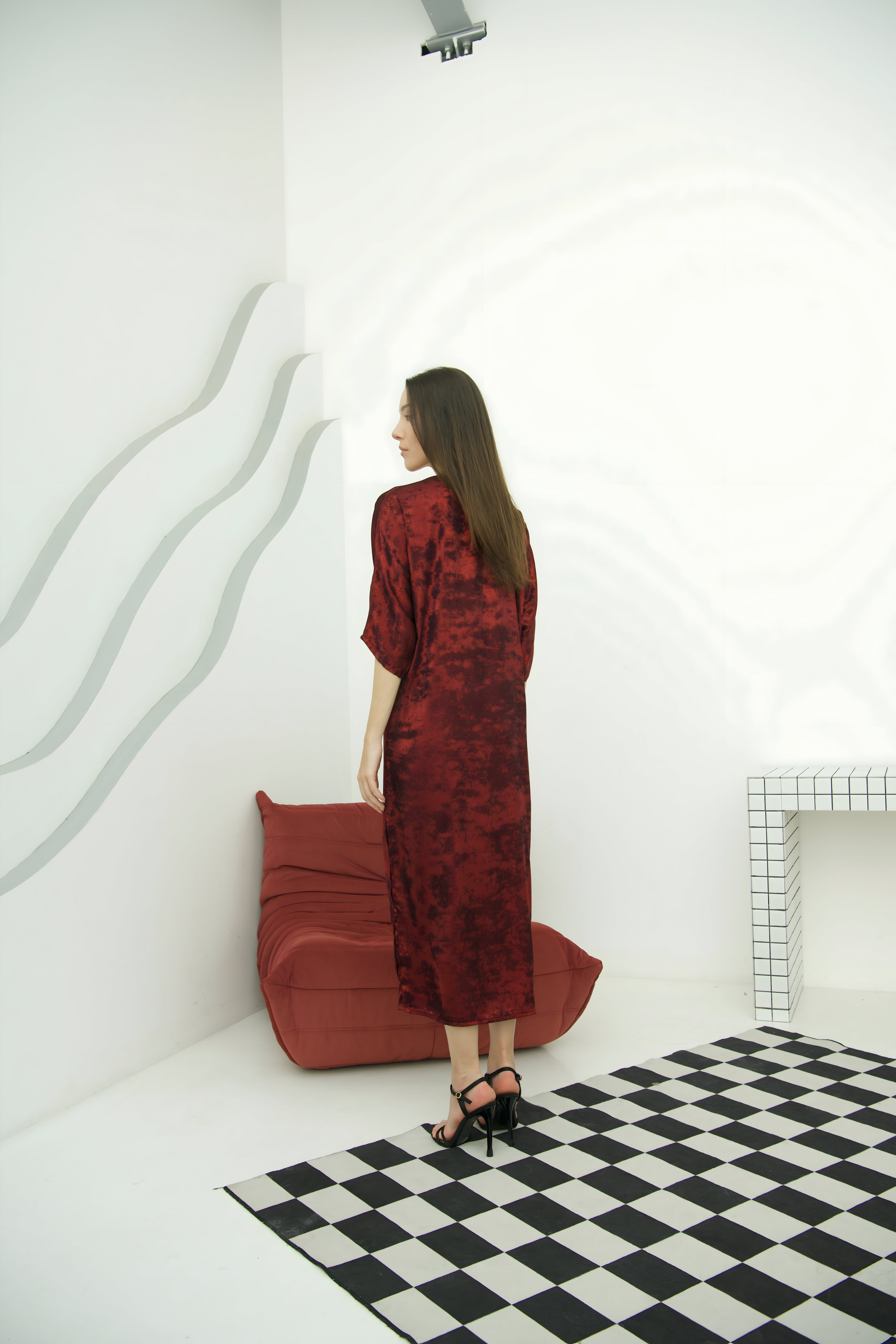 Shadow of Sequin Shimmer Red Long Kaftan with Side Slit