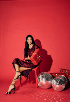 Shadow of Sequin Shimmer Red Long Kaftan with Side Slit