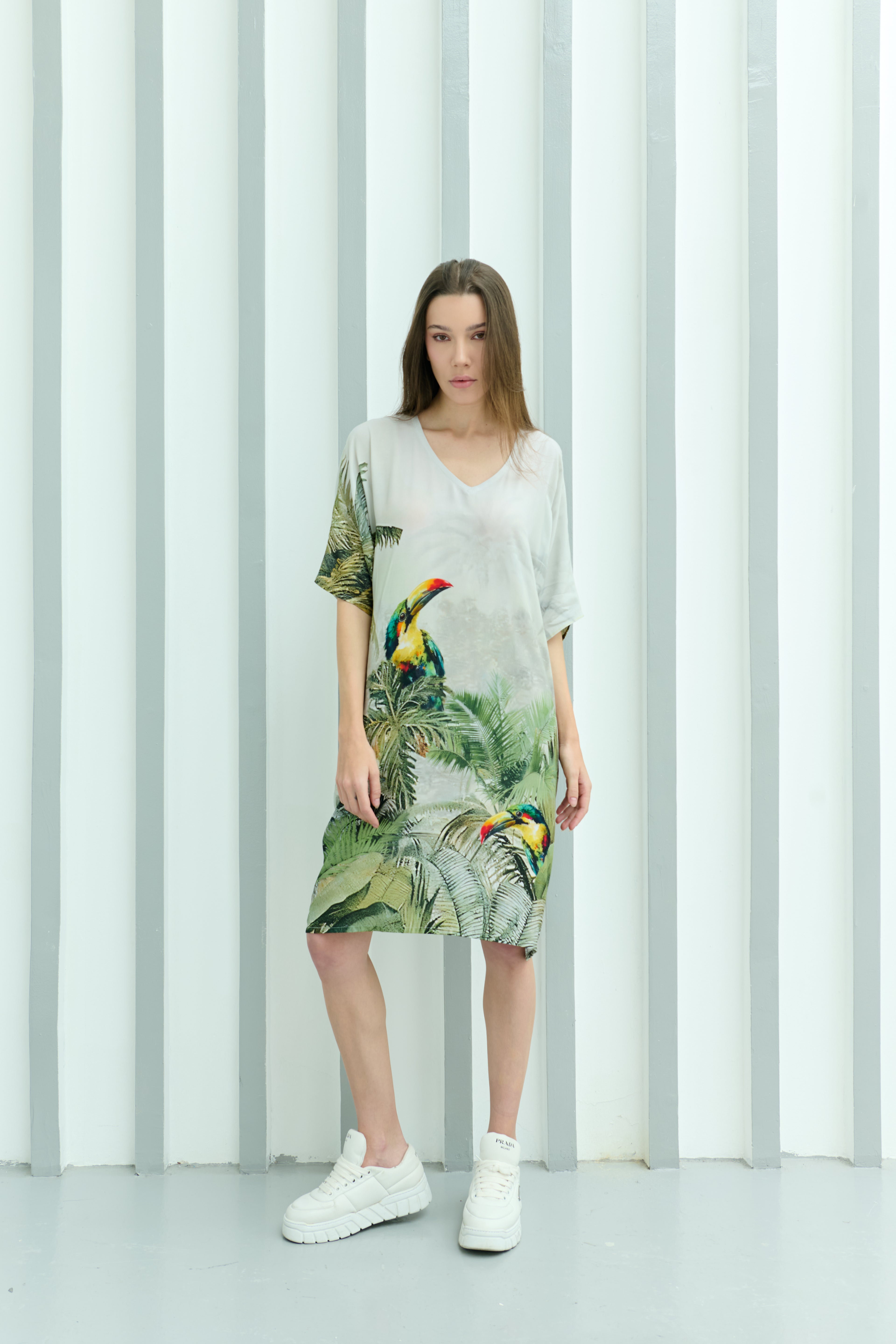 Wild Wings Bird In The Jungle Printed Short Kaftan Dress