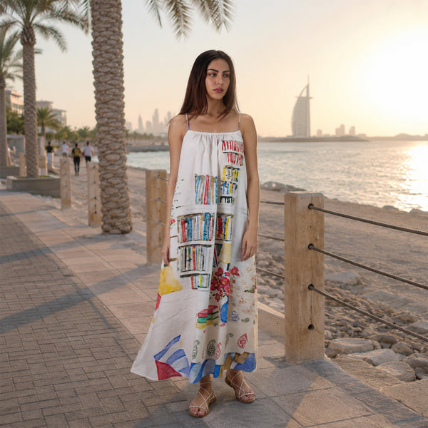 Abode Artistic Bookshelf Printed Spaghetti Strap Maxi Dress