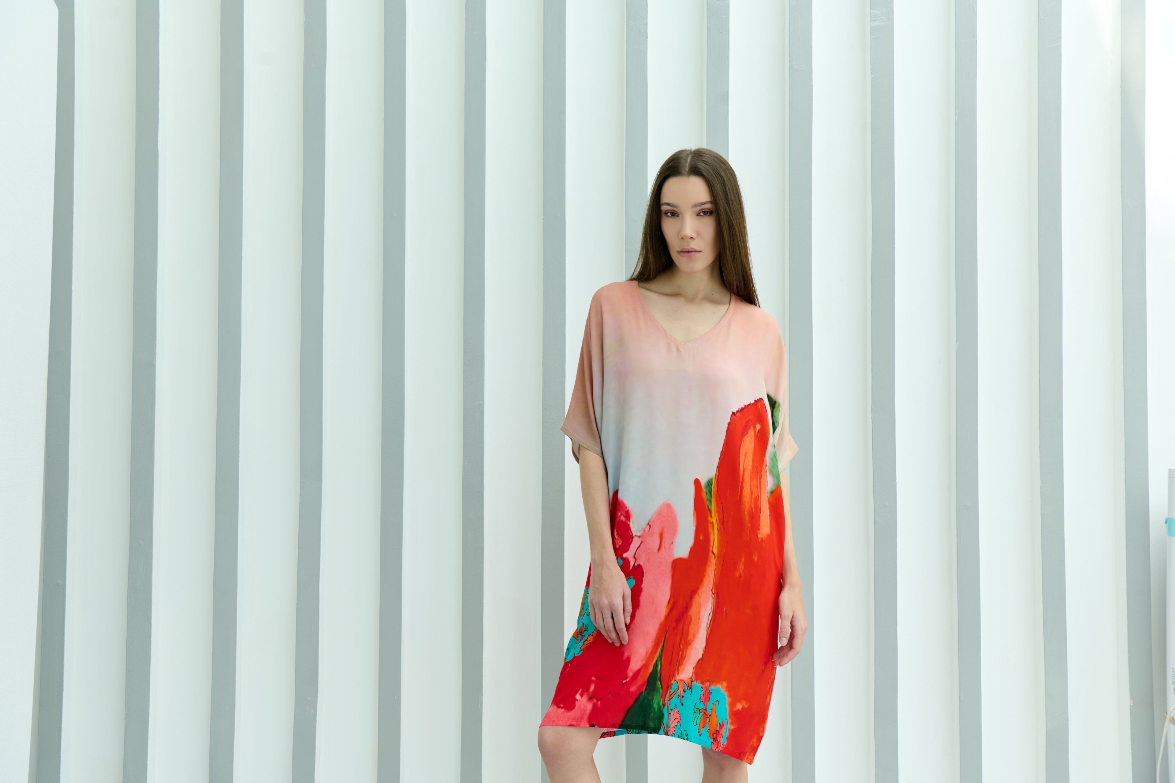 Coral Mirage Floral Printed Short Kaftan