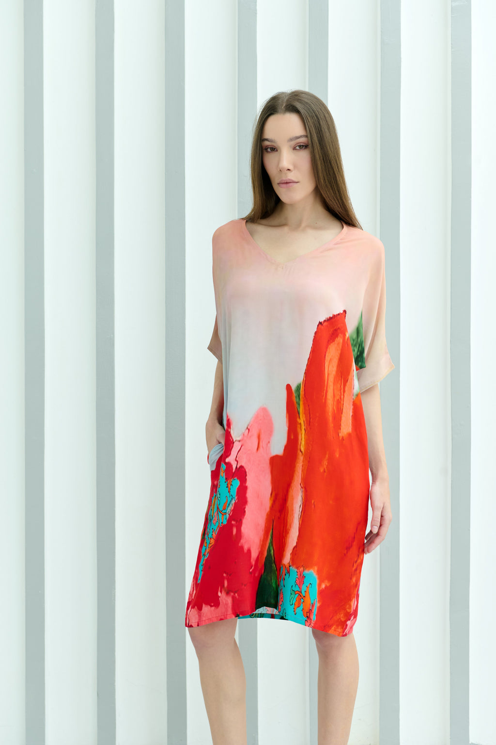 Coral Mirage Floral Printed Short Kaftan