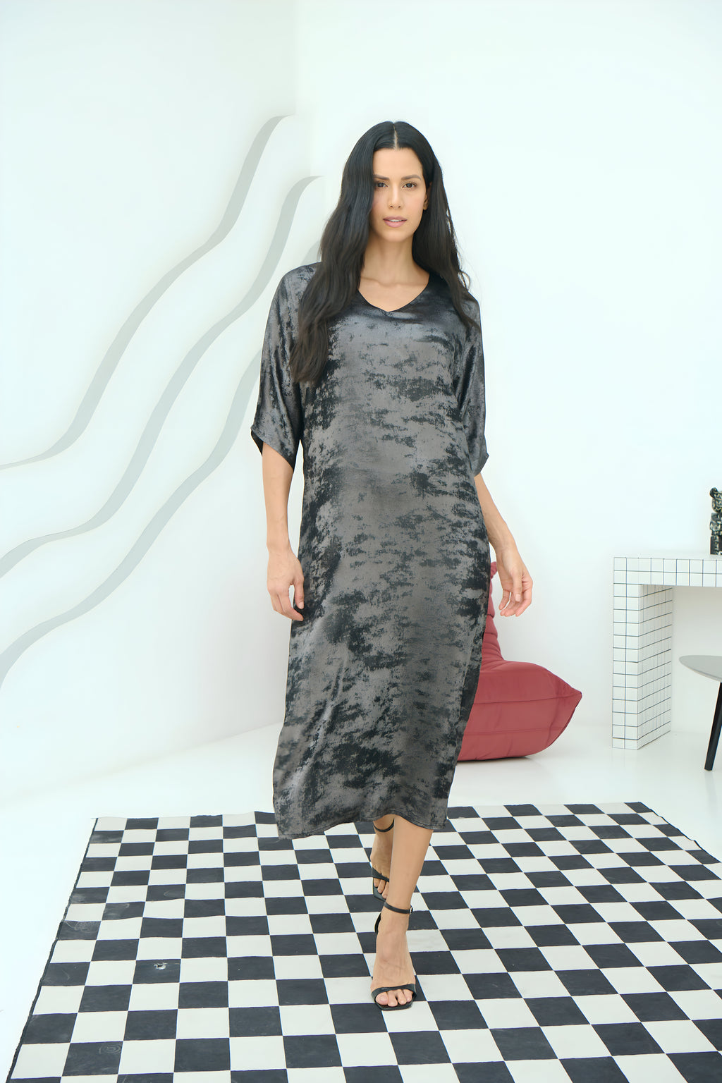 Shadow of Sequin Shimmer Black Long Kaftan with Side Slit Dress
